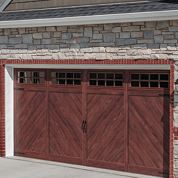 Flush Carriage House, shown in design 36, mahogany accents woodtones with optional stockton inserts, plain glass, and spade hardware.