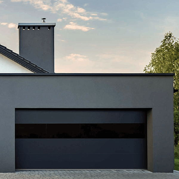 Sterling Garage Door shown in matte black and one row of tinted infinity glass.