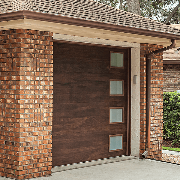 Skyline Flush shown in optional accents woodtones mahogany, stacked windows, and frosted glass.