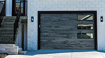 Planks shown in optional accents woodtones carbon oak, stacked windows, and tinted glass.
