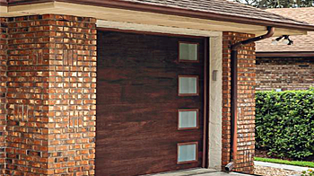 Skyline Flush shown in optional accents woodtones mahogany,stacked windows, and frosted glass.