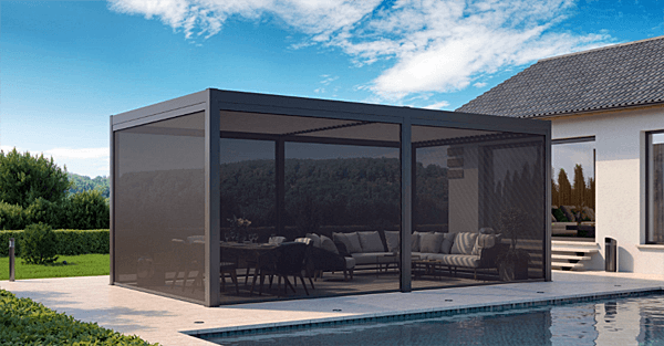 Tranquil 2.0 Window Screen Around a Screened Sitting Area by a Swimming Pool.